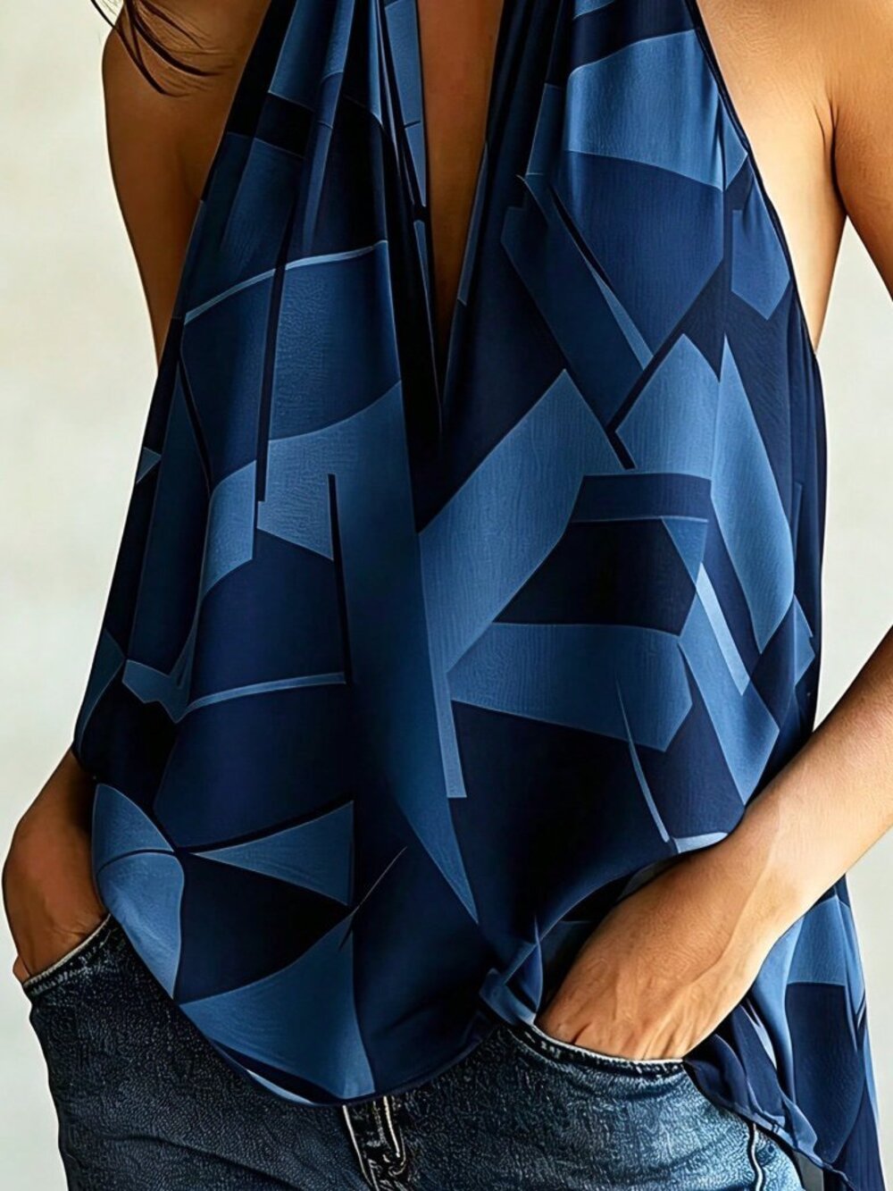 Royal Blue Casual Women's Geometric Pattern Backless Bohemian Blouse - Picture 3 of 4